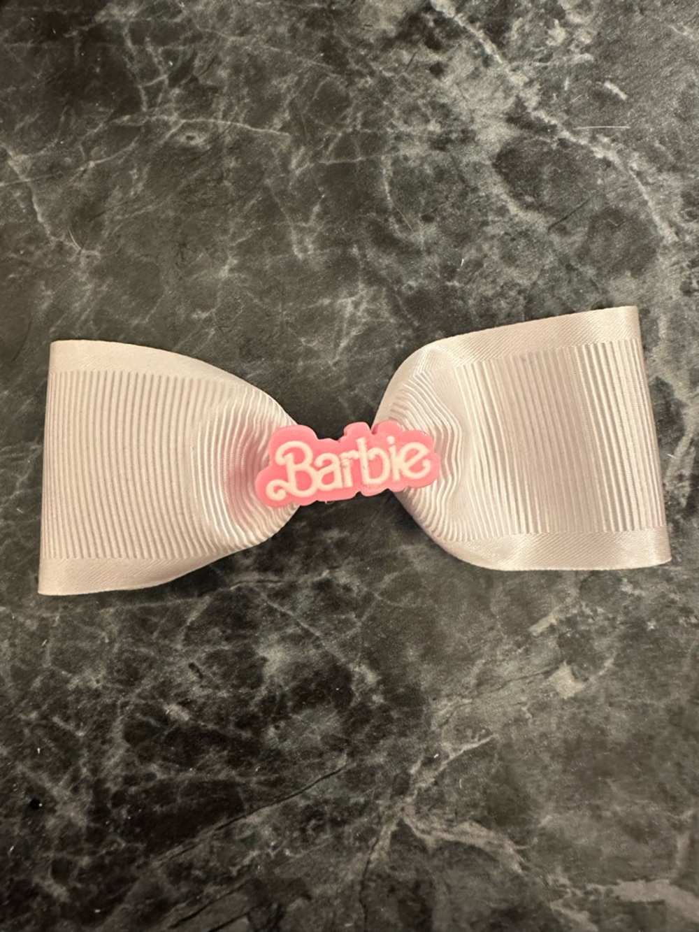 White Ribbon Bow Hair Clip with Barbie Logo